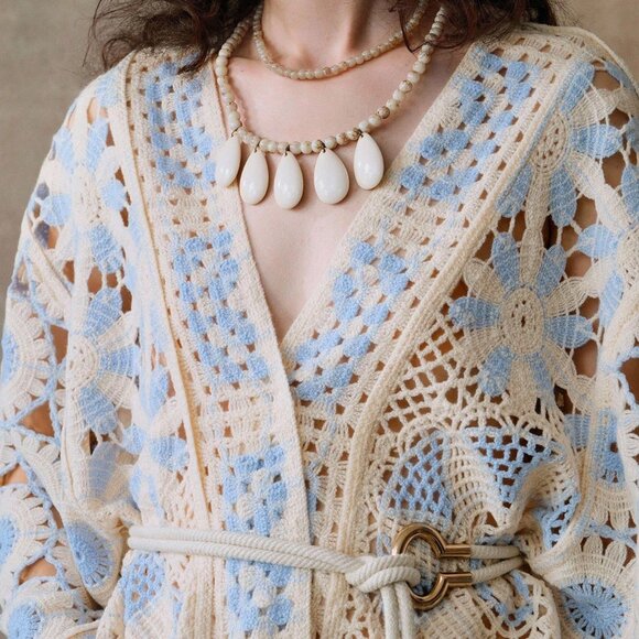 Blue And White Boho Crochet Women's Geometric Cardigan - Picture 7 of 7